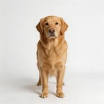 Talking Golden Retriever studio portrait on white background