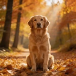 Talking Golden Retriever sitting on a path covered with autumn leaves