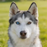 Show a Husky closeup sample on a green lawn