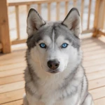 Display a Husky sample sitting on a light wooden porch
