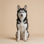 Present a Husky sample sitting on a plain beige studio backdrop