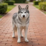 Show a Husky sample standing on a red brick garden walkway