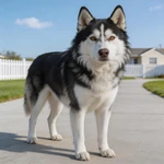 Present a Husky sample standing on a suburban driveway with white fence