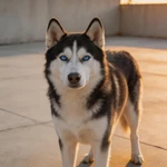 Show a Husky sample standing on a sunlit concrete courtyard