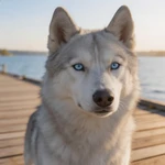 Display a Husky sample on a wooden dock by calm water