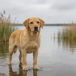 Frame Labrador Retriever sample at a still pond edge with blurred reeds