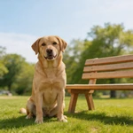 Display Labrador Retriever sample beside a simple park bench