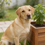 Highlight Labrador Retriever sample beside one simple wooden planter