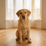 Set Labrador Retriever sample in a bright bay window on plain floor