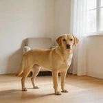 Feature Labrador Retriever sample in a nearly empty study nook
