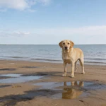 Capture Labrador Retriever sample on wet sand at a calm lake shore