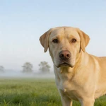 Place Labrador Retriever sample on short meadow grass in soft morning light