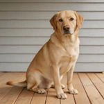 Picture Labrador Retriever sample on a wide plain wooden porch