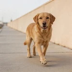 Portray Labrador Retriever sample on a clean sidewalk by a long painted wall