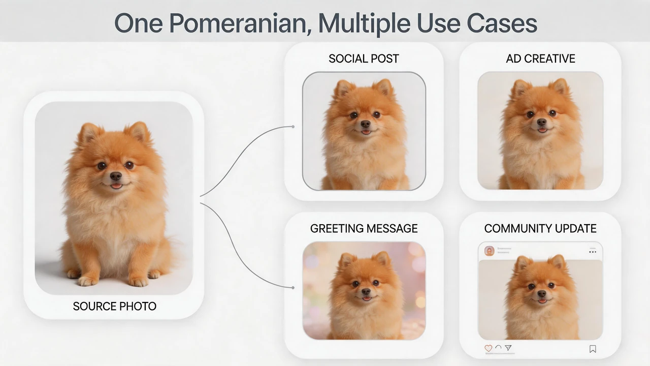 Show one Pomeranian across social ad greeting and community use cases