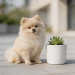 Feature a Pomeranian sample sitting beside a white planter on pavement