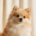 Feature a Pomeranian closeup sample by a cream curtain