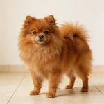 Display a Pomeranian sample standing on a light cream tile floor