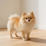 Feature a Pomeranian sample standing on a light gravel path