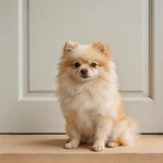 Present a Pomeranian sample sitting on a light tan step