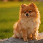 Show a Pomeranian sample sitting on a low stone edge with lawn behind