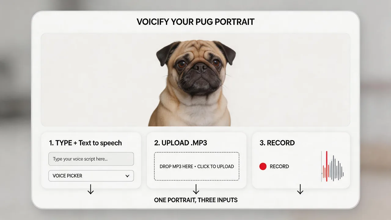 Add a voice to a pug still with text to speech or file or mic