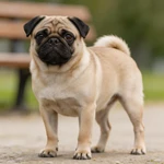 Show a Pug sample standing beside a simple slatted bench