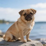 Highlight a fawn Pug puppy sample sitting beside a round terracotta planter