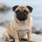 Place a Pug sample sitting by a low round stone water feature