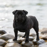 Display a fawn Pug sample with black mask sitting chest up in a bright desk corner