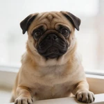 Feature a Pug sample sitting on a bright wide window sill indoors