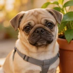 Show a silver fawn Pug sample standing on a light sidewalk with a long wall