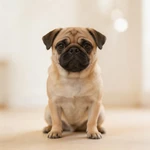Present a Pug sample sitting on fine gravel before a cool plain wall