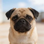 Portray a Pug sample sitting on pale balcony tiles in soft daylight