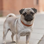 Frame an apricot Pug sample standing on a plain slate tile terrace