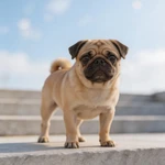Show a lean fawn Pug sample sitting on a short stone landing by calm water